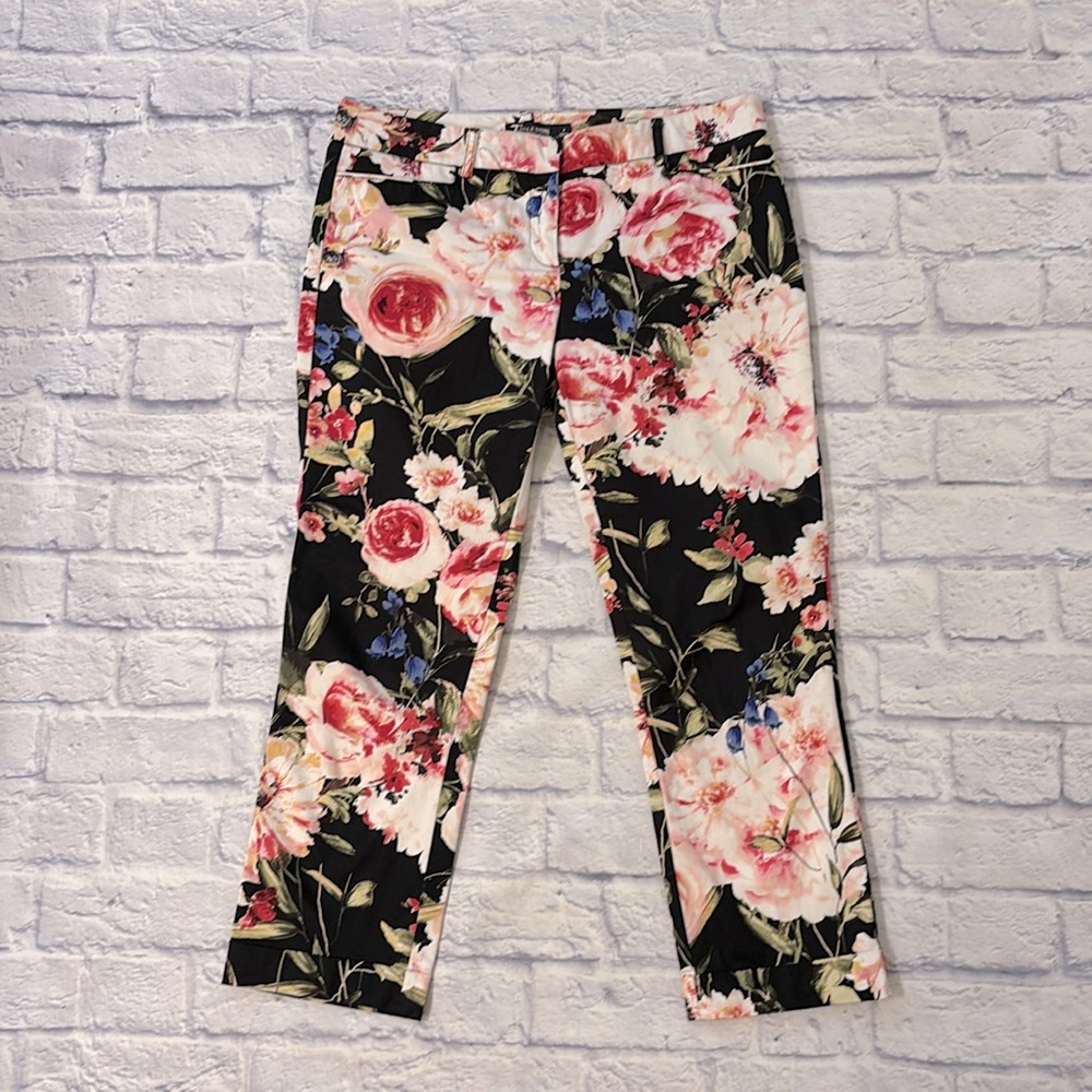 New York & Company Floral Capri Pants Cuffed Hem Cropped Black Pink Cream Size 6